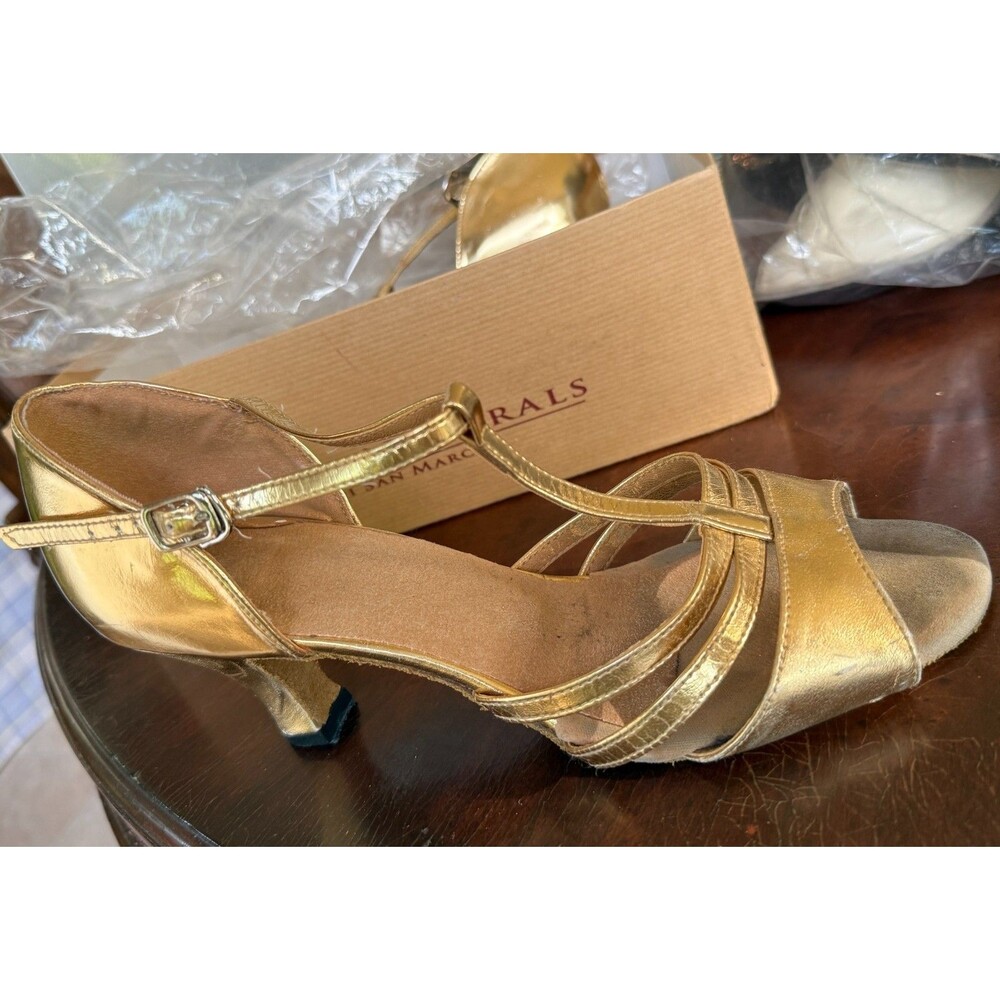 DANCE NATURALS Gold Dance Shoes Italian Leather Open Toe 2" Heels US size 8.5